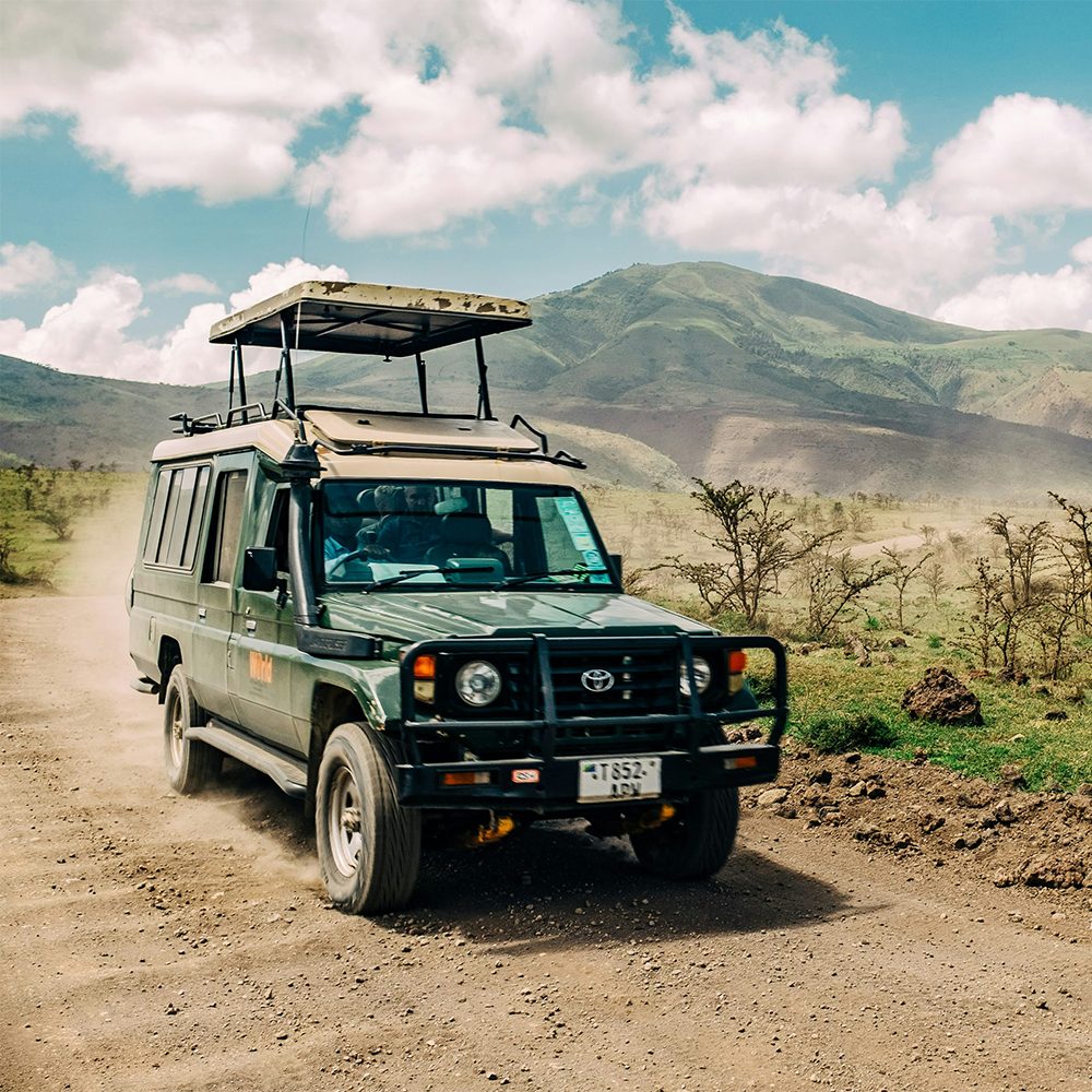 Land Rover on safari in the African wilderness — the kind of adventure you can book for clients when you start a travel business